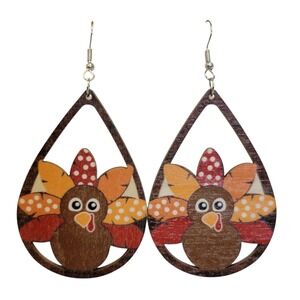 Thanksgiving Turkey Dangle Earrings Brown Orange Red Wooden Teardrop Fall Autumn